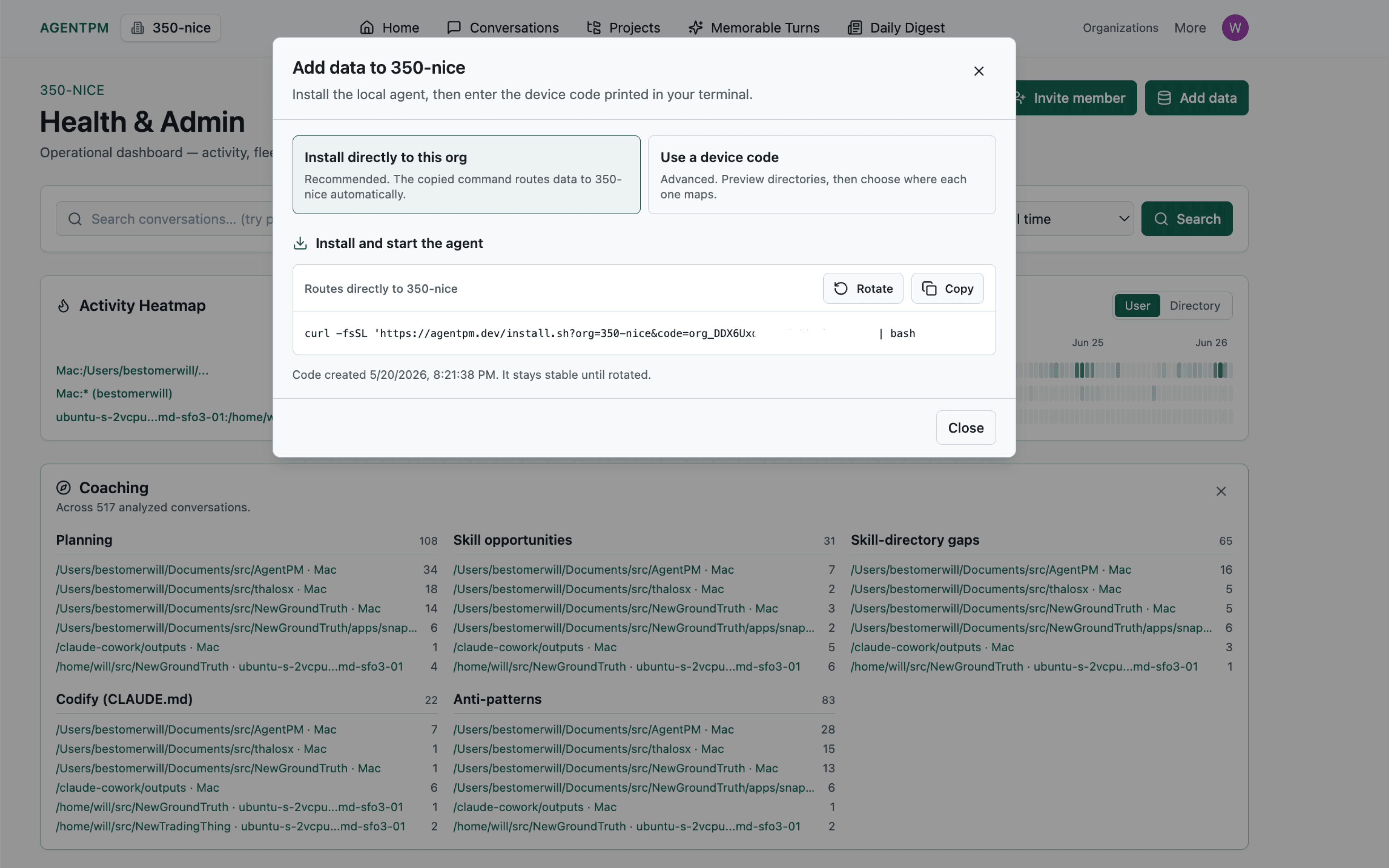 AgentPM Add data dialog showing the organization-scoped install command.