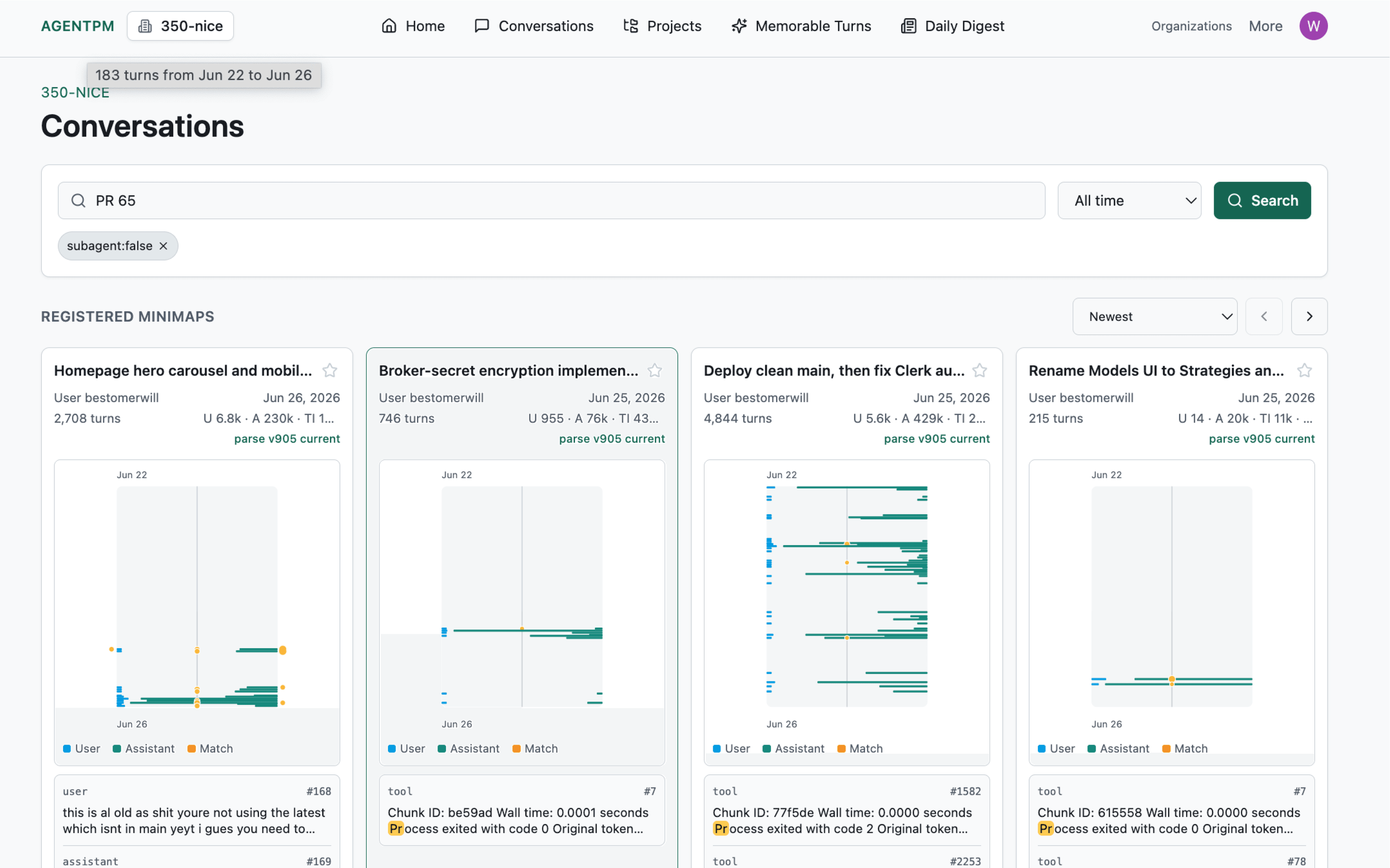 AgentPM Conversations page showing a PR 65 search and matching conversation minimaps.