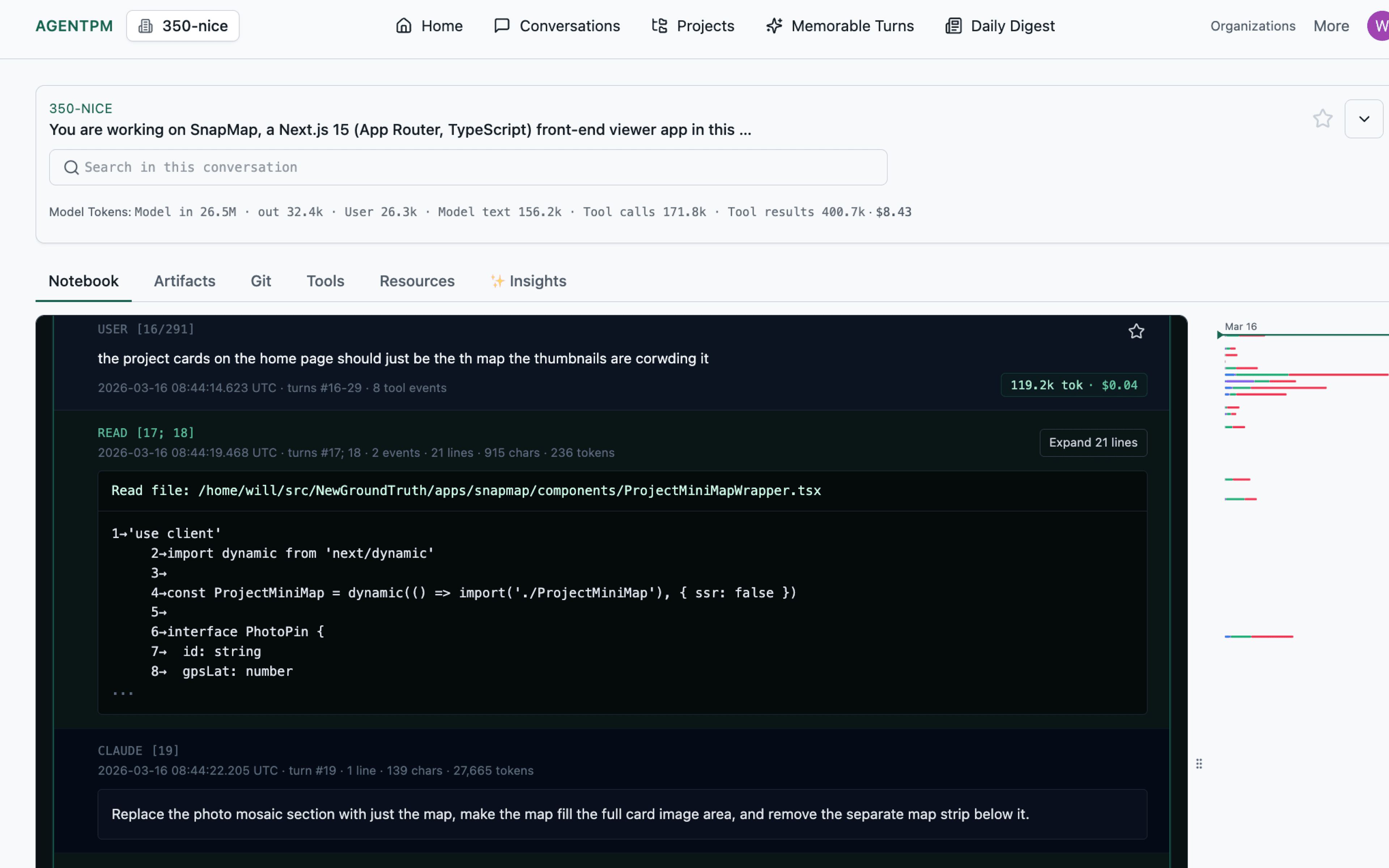 AgentPM Notebook view showing a coding-agent session with a read-file event and source code output.