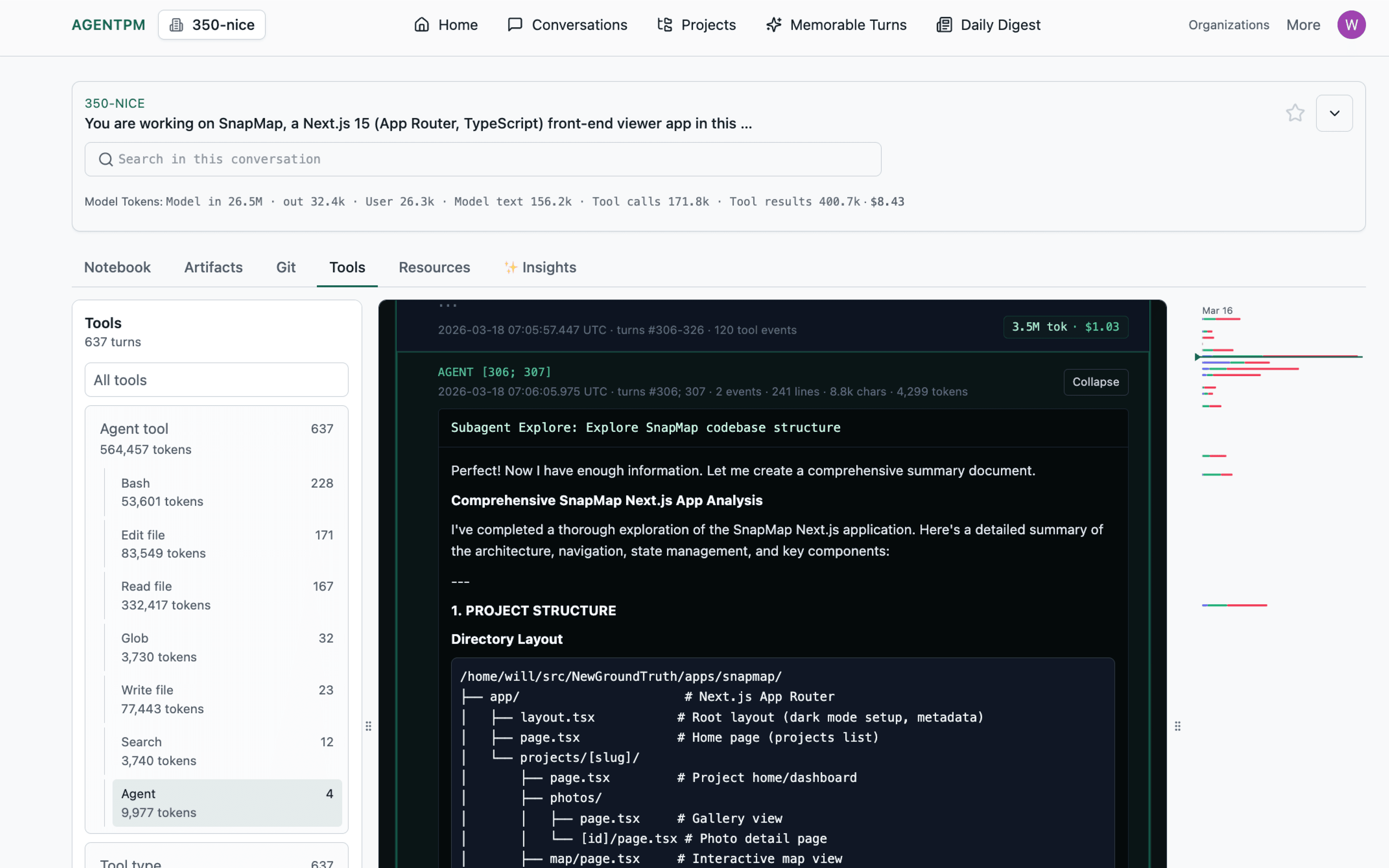 AgentPM Tools view showing grouped tool activity and an agent analysis output.