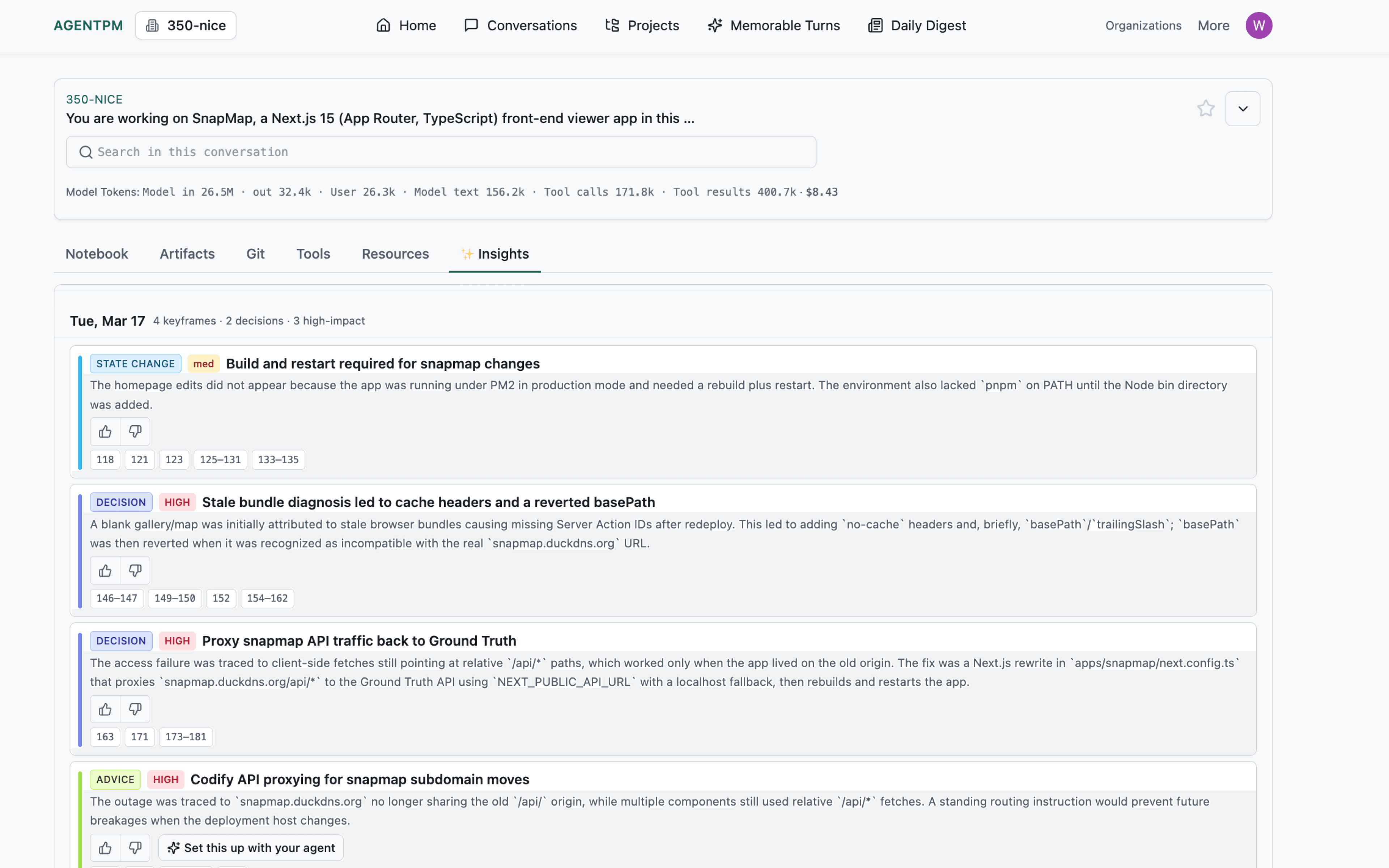 AgentPM Insights view showing keyframes, decisions, and high-impact implementation findings.