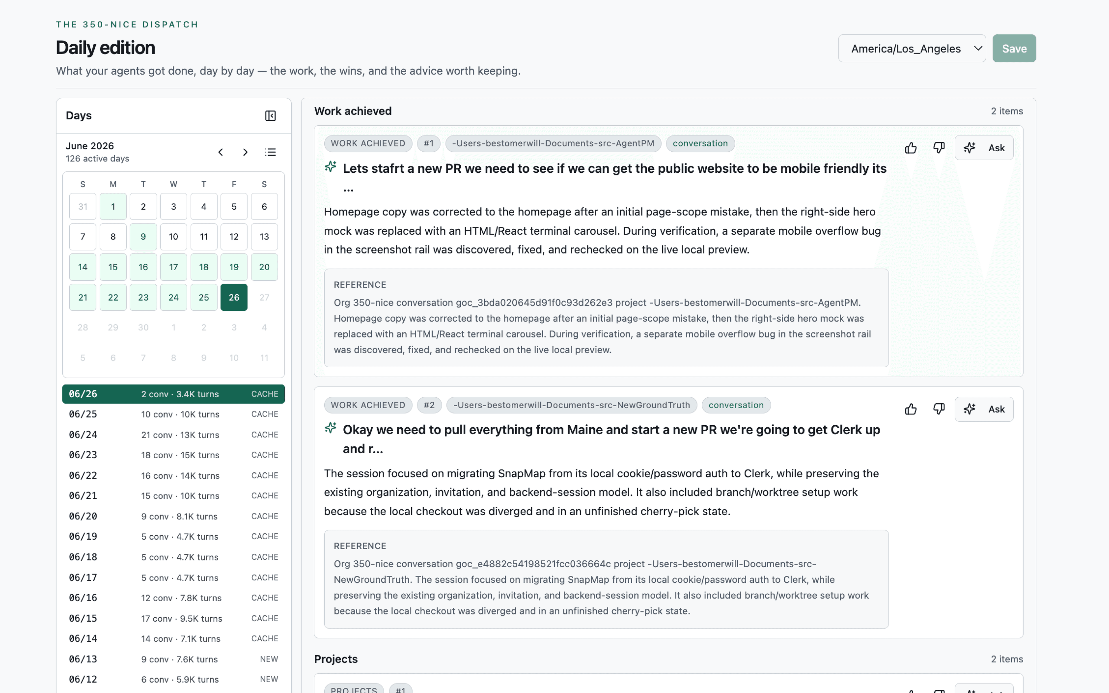 AgentPM Daily Digest view showing the day picker and work achieved across projects.