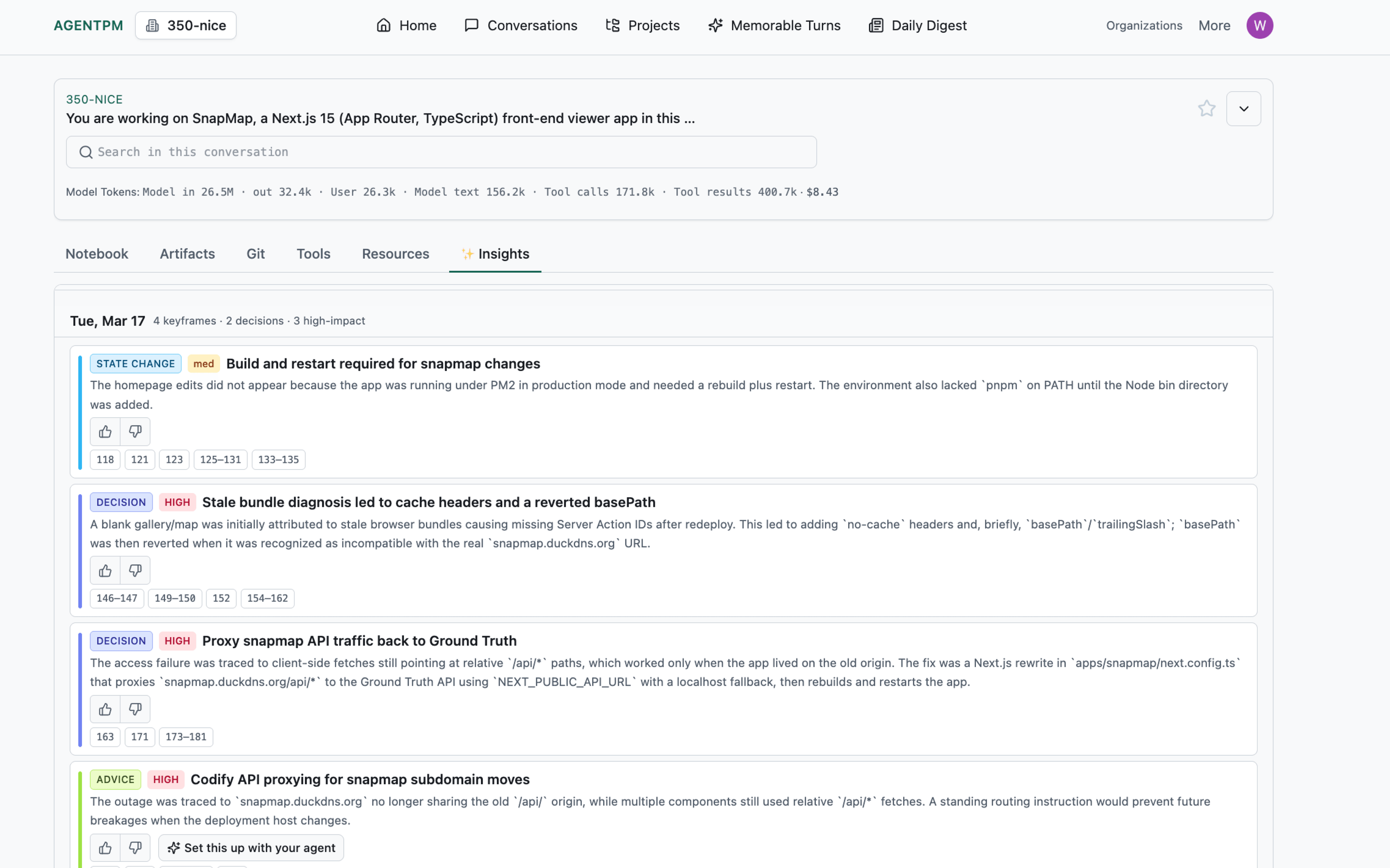 AgentPM Insights view showing high-impact state changes, decisions, advice, and source turn references.